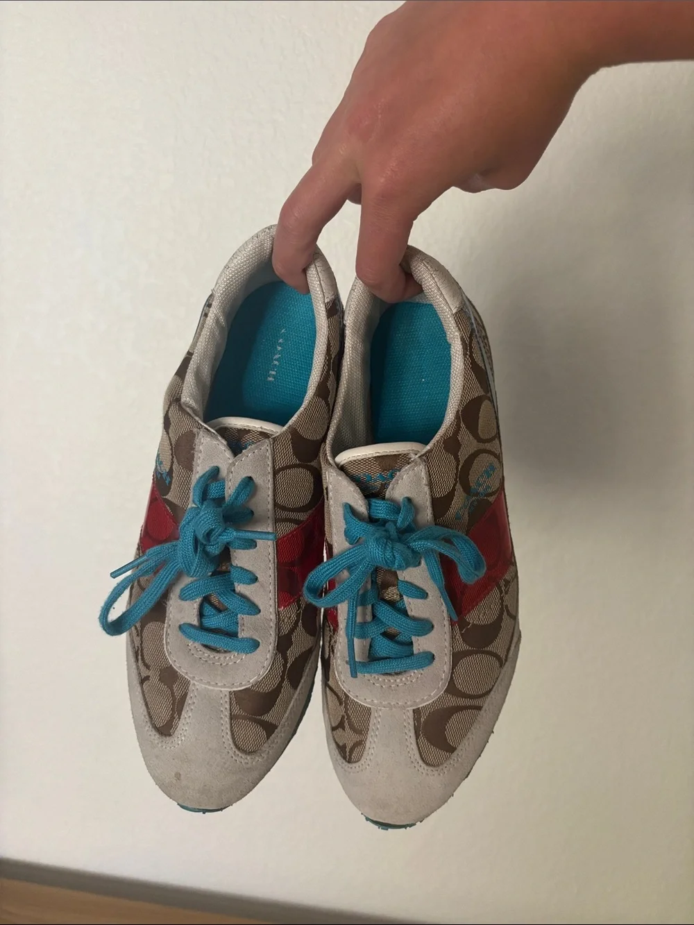 Coach Beige Signature Print Sneakers with Red Stripe and Teal Accents